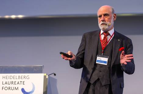 Vint Cerf gives a talk at Heidelberg Laureate Forum in Germany in 2014.