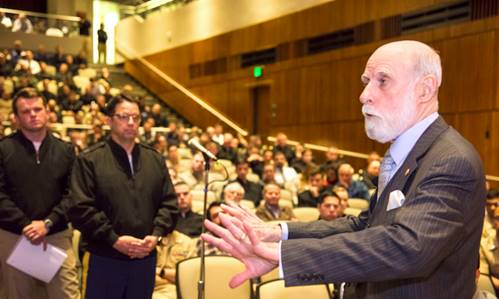 Dr. Vint Cerf takes questions from Naval Postgraduate School students, faculty and staff during his Secretary of the Navy Guest Lecture, March 5, 2018.